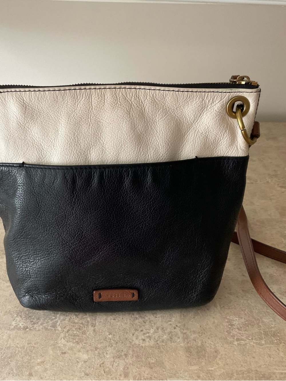 Fossil Two-Tone Black and Cream Leather Crossbody Bag